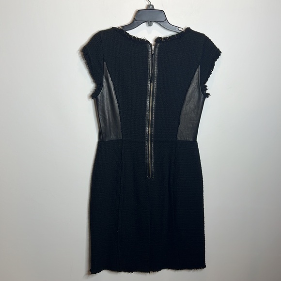 REBECCA TAYLOR Black Faux Leather Panel Frayed Hem Tweed Textured Dress S 10 - Picture 7 of 12